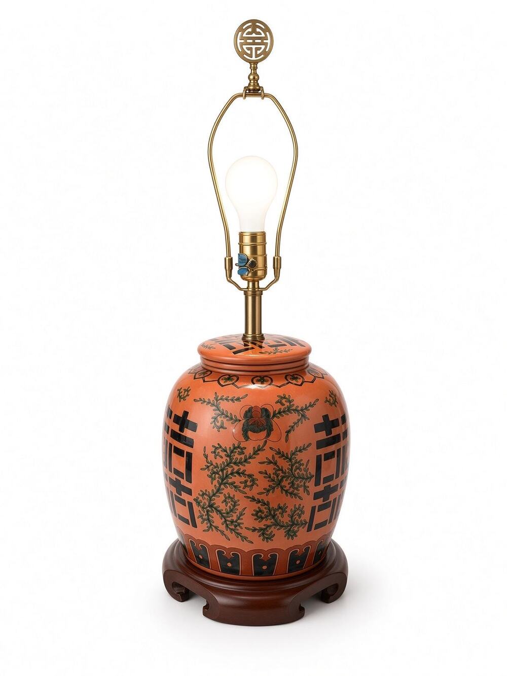 Vintage Wescal Chinoiserie Ginger Jar Table Lamp, Coral Double Happiness